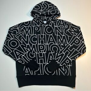 Champion Reverse Weave All Over Print Block Logo Hoodie Black White Spellout